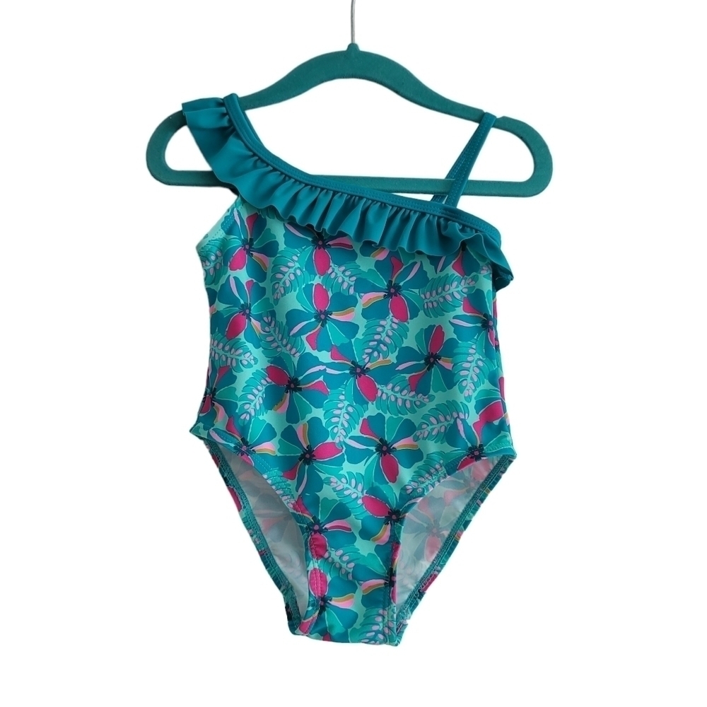 Au Pareil Au Même Blue Tropical Floral Asymmetrical One Piece Swimsuit